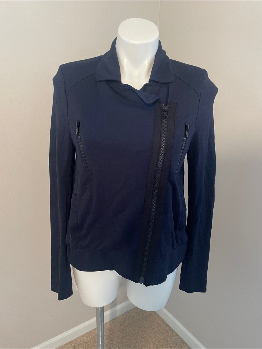 CAbi Navy Asymmetrical Zip Jacket